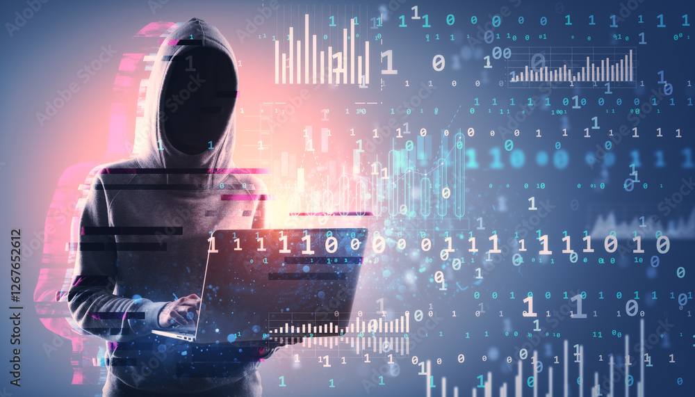 Poster Anonymous hacker in hoodie using laptop with digital data overlay in cyberspace.
