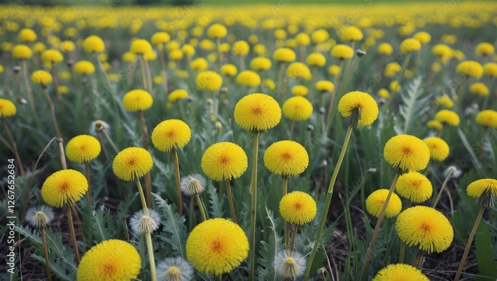 Aufkleber vibrant field of yellow dandelions in full bloom with lush green background and ample space for text