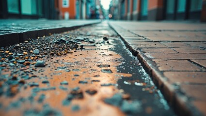 Urban walkway with scattered debris and puddles suitable for backgrounds or wallpapers in design projects.