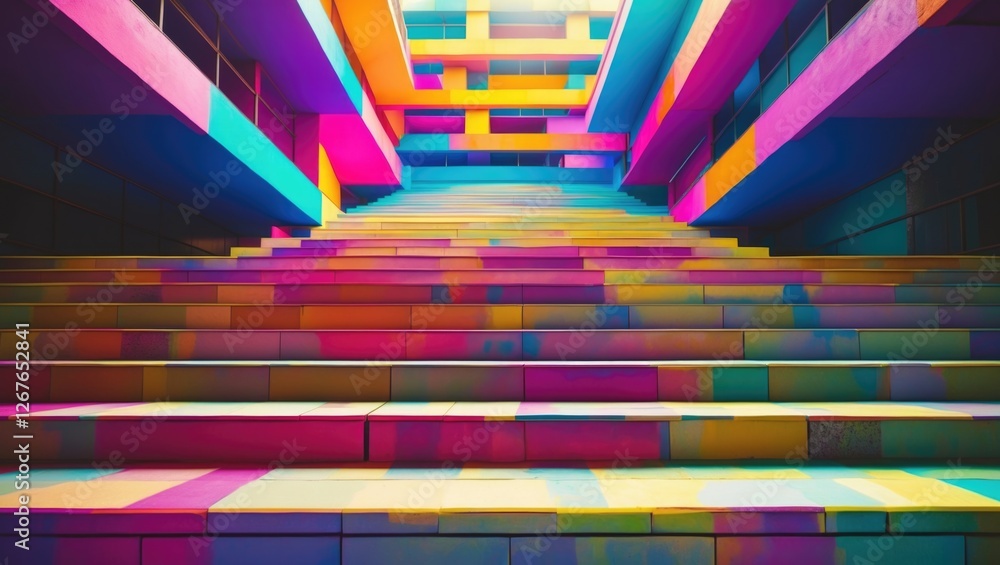 Poster vibrant colorful architecture featuring a modern stair step design in an empty urban space showcasin