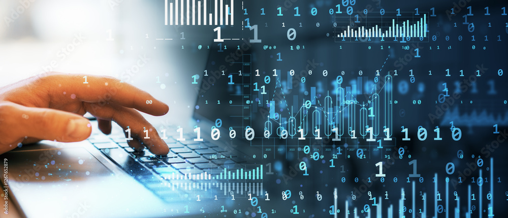 Poster Hand typing on laptop keyboard with digital binary code and data analytics overlay.