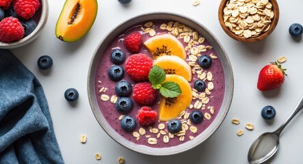 Vibrant Smoothie Bowl Topped With Fresh Fruits Oats And Mint Leaves On White Background Captured From A Top View Perspective