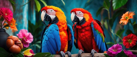 Vibrant Scarlet Macaws perched among tropical flowers in a lush, colorful setting showcasing nature's beauty and wildlife richness.