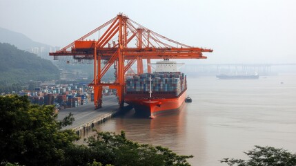 Naklejka premium Cargo Ship at Port, Container Crane, Harbor