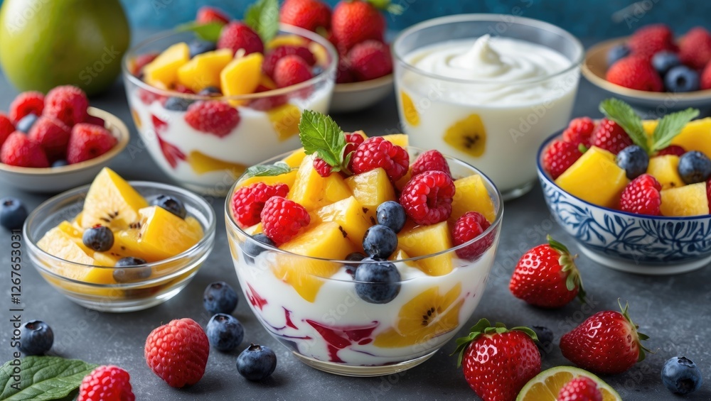Aufkleber fresh and colorful fruit salad with yogurt in bowls on table with empty space for text and garnish o