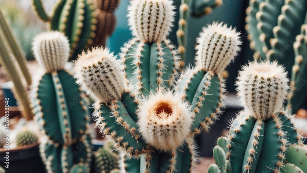 Poster fluffy stemmed cacti with white spines in a lush natural setting ideal for abstract backgrounds and 