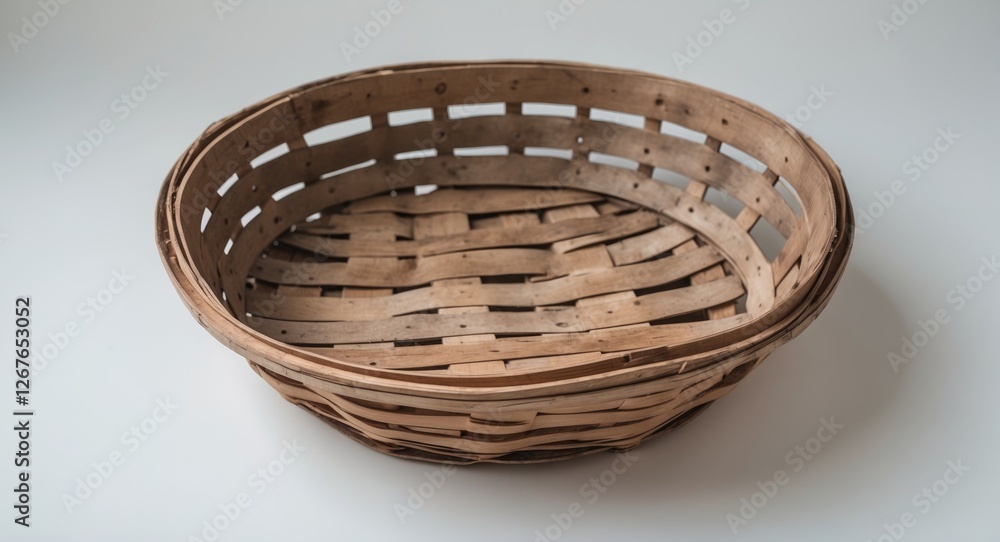 Poster empty wooden basket isolated on white background with space for text or design elements in a minimal
