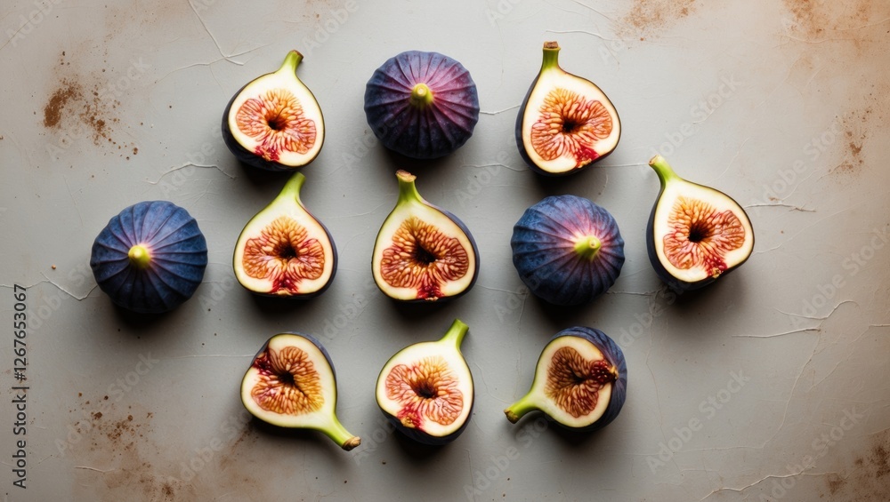 Poster composition of whole and sliced figs arranged artfully on a textured surface providing space for cop