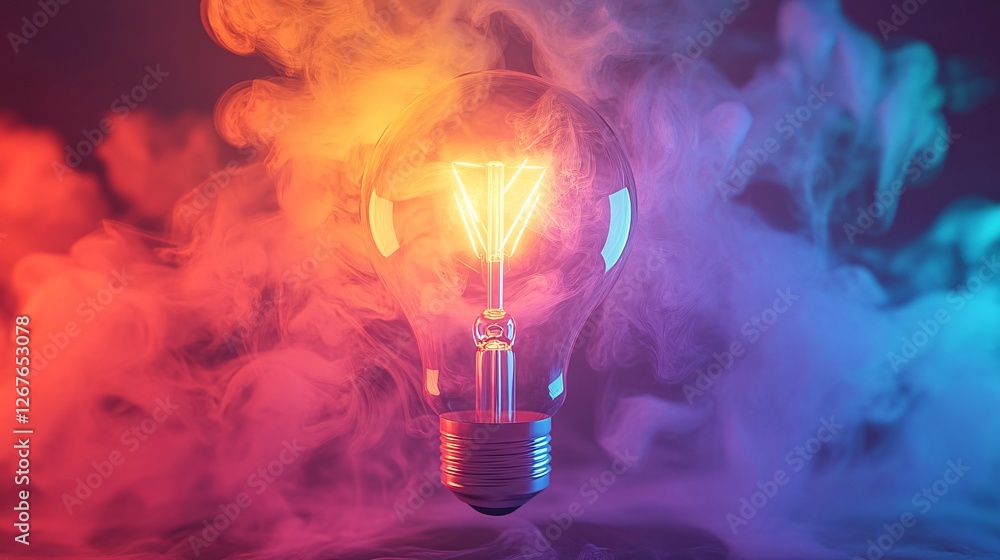 Poster a glowing light bulb emits vibrant colors amidst swirling smoke, creating a captivating and dynamic 