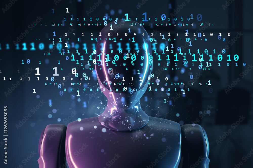 Poster Futuristic humanoid robot with glowing digital binary code in dark background. 3D Rendering