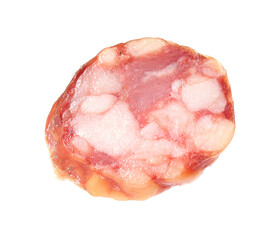 Piece of delicious dry cured sausage isolated on white