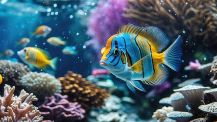 Obraz premium Vibrant Underwater Scene with Colorful Fish and Coral Reef Ecosystem