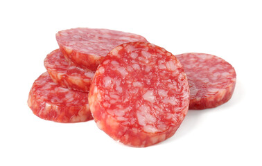 Pieces of delicious smoked sausage isolated on white