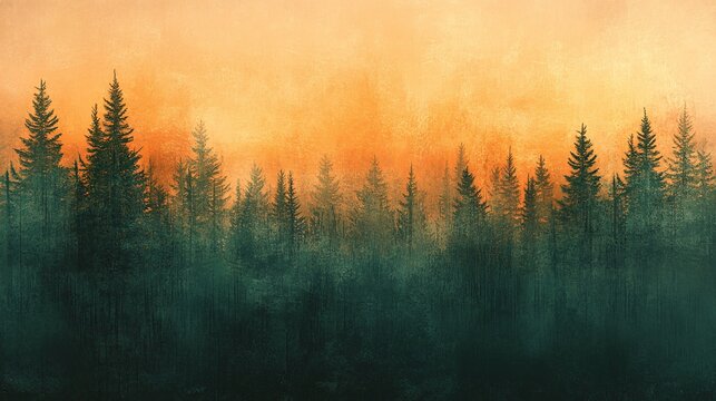 A serene forest scene at sunset, with silhouettes of pine trees against a hazy, orange and green background.