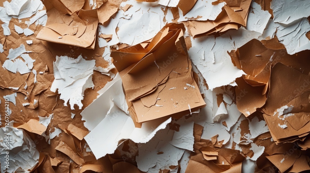 Poster abstract textured background of crumpled brown and white paper scraps creating a unique artistic can