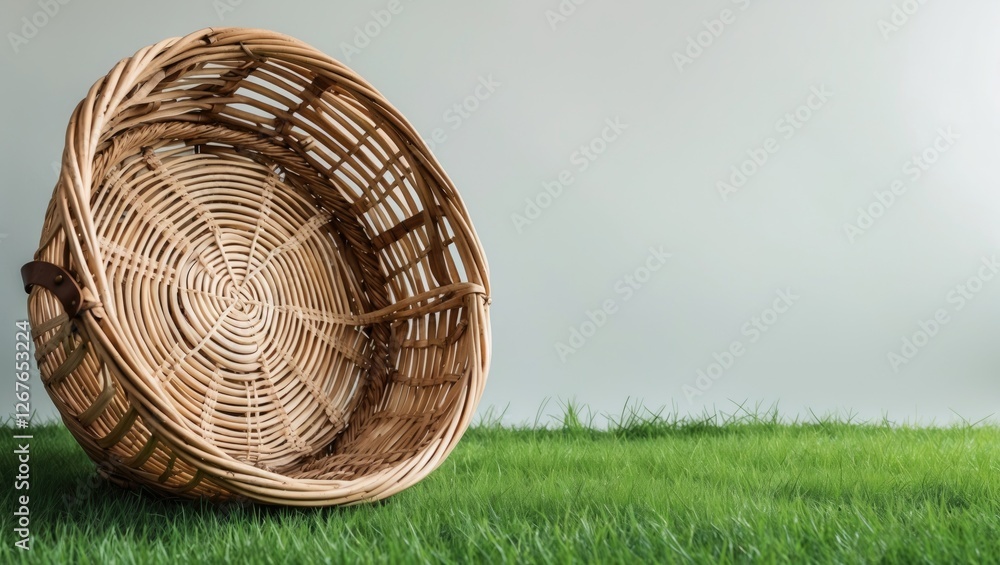 Poster wicker basket placed on lush green grass with plain background ideal for text placement and graphic 