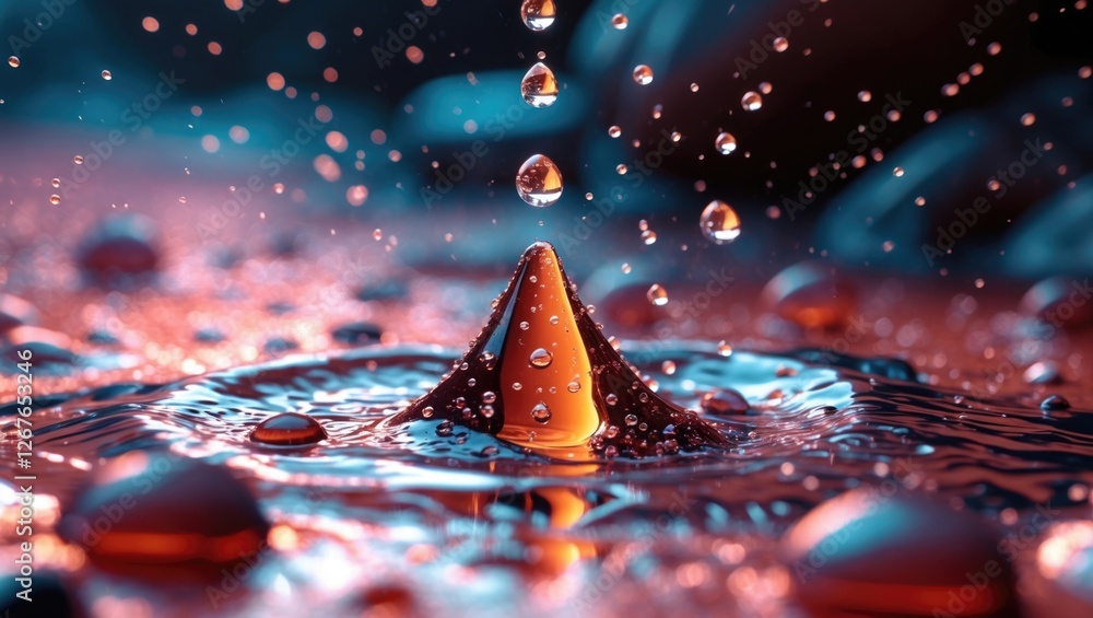 Poster dynamic splash of water droplets capturing motion and light on a reflective surface showcasing vibra