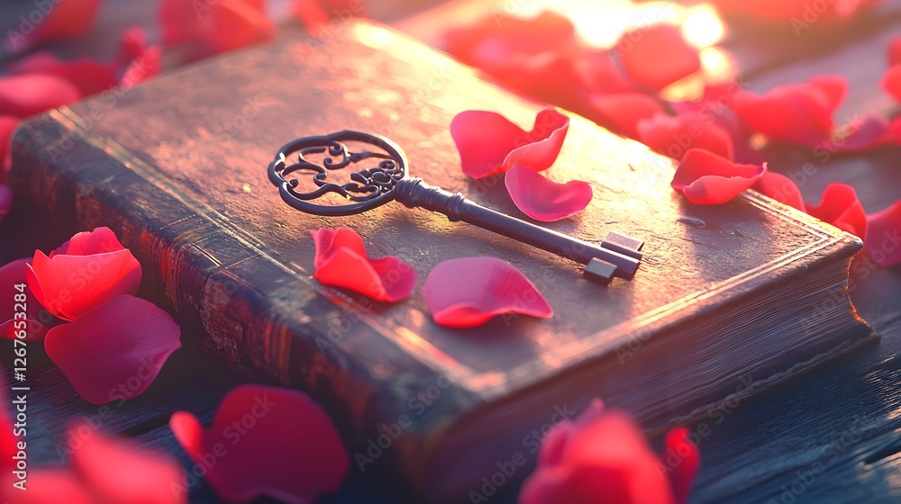 Poster A book with a key on top of it and pink petals scattered around it