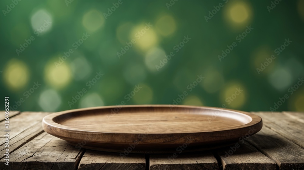 Poster wooden plate displayed on rustic table with green bokeh background ideal for restaurant or culinary 