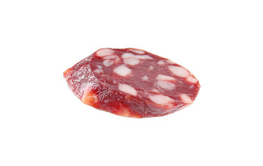Piece of delicious dry cured sausage isolated on white