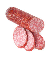 Pieces of delicious smoked sausage isolated on white, top view