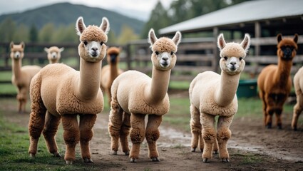 Obraz premium Adorable trimmed alpacas grazing in a rural farm setting with a scenic backdrop and space for text overlay. Perfect for marketing materials.
