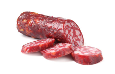 Delicious dry cured sausage isolated on white