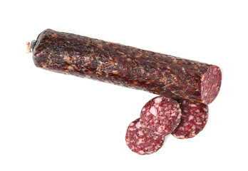 Delicious dry cured sausage isolated on white, top view