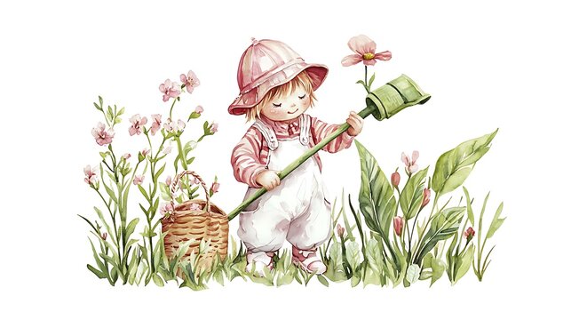A chibi garden extension with a long shaft, ready to reach, isolated on a white background