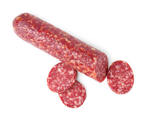 Delicious dry cured sausage isolated on white, top view