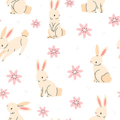 Seamless pattern with bunnies and flowers on a white background. Easter illustration background. Flat illustration.