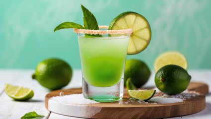 Refreshing Green Cocktail With Lime Wedge Garnish And Sugar Rim Surrounded By Fresh Limes On Light Mint Background And Wooden Board