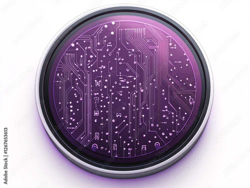 Poster a modern circular digital circuit board featuring a glowing purple interface and intricate microchip