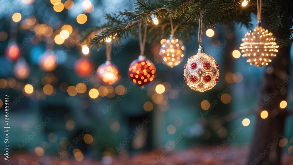 Aufkleber festive ornaments hanging on tree with blurred lights background creating a magical atmosphere for c