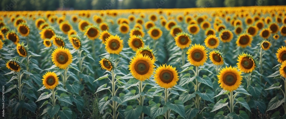 Poster vibrant sunflower field in full bloom with ample blank space for text and captions ideal for uplifti
