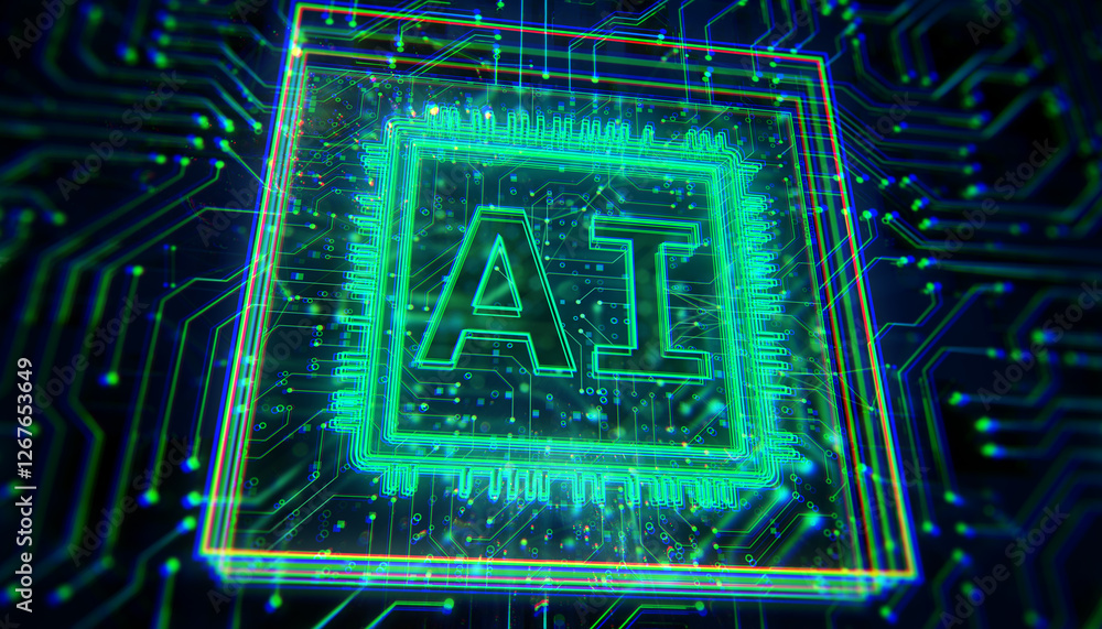 Poster Futuristic AI microchip with glowing neon green circuit connections on a dark background. Digital concept of artificial intelligence and machine learning. 3D Rendering