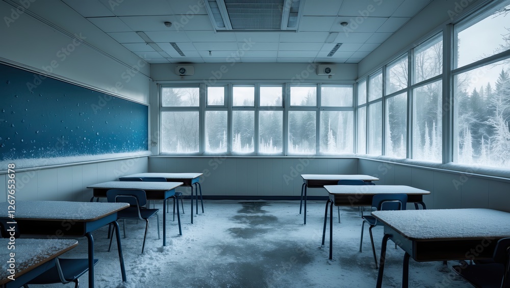 Poster snow-covered classroom with empty desks and large windows, creating a serene and quiet atmosphere. f