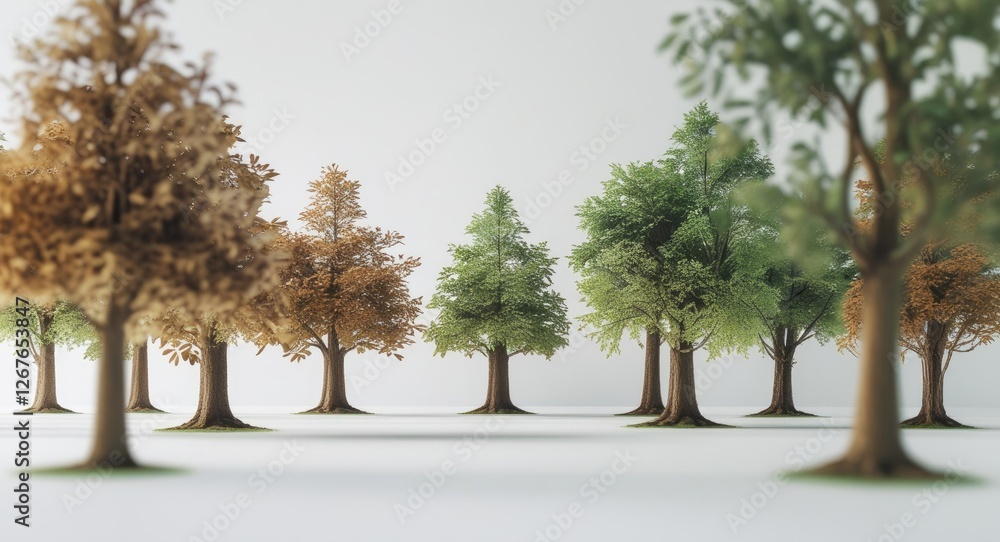 Poster diverse trees isolated on white background creating space for text and natural elements in a distinc
