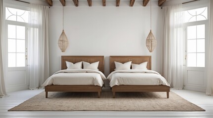 Elegant twin bedroom design featuring wooden beds, soft bedding, and natural light from large windows in a minimalist setting.