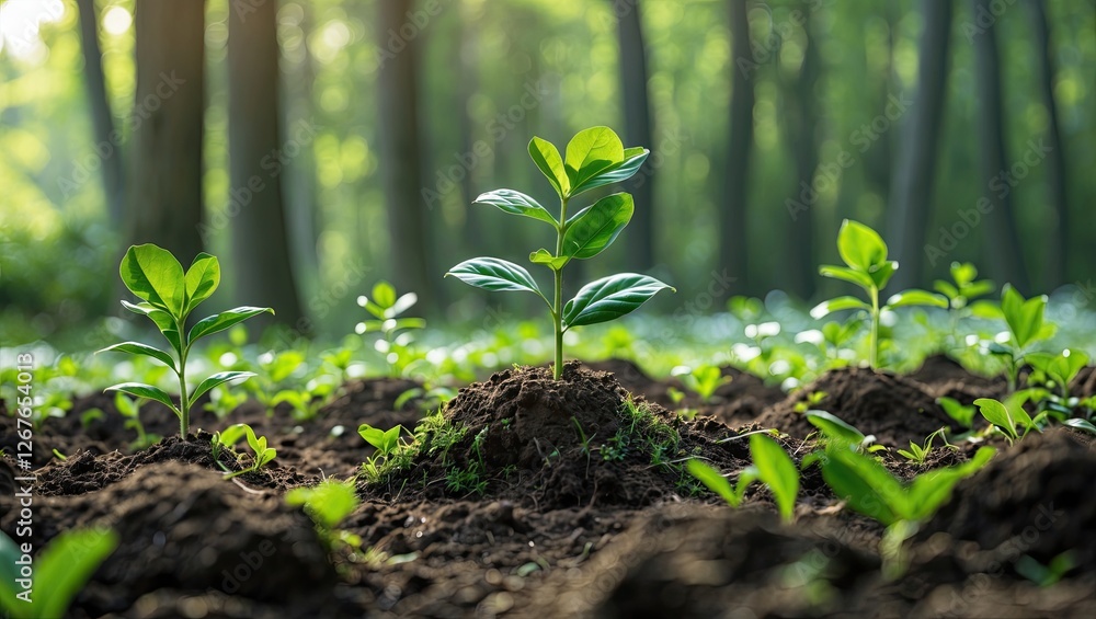 Aufkleber green saplings sprouting from rich soil in a vibrant forest with soft sunlight filtering through tre