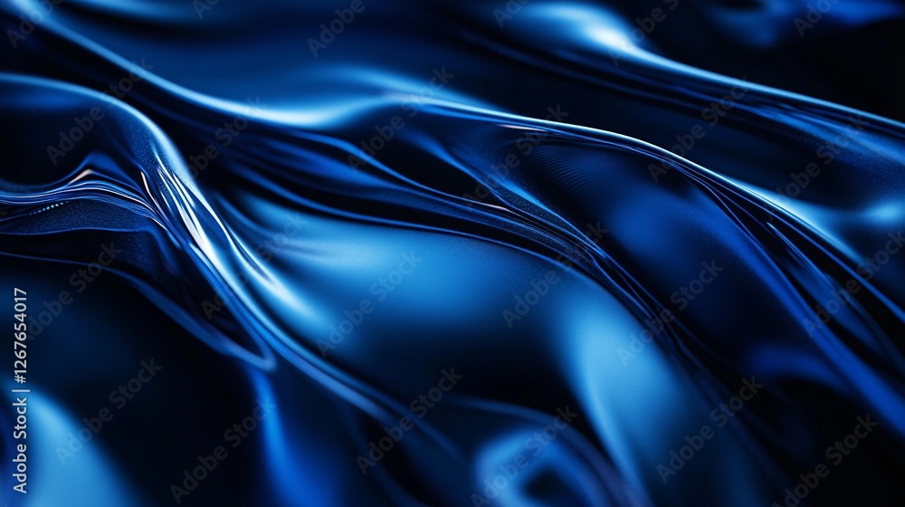 Poster a close-up of smooth, flowing blue fabric with reflective surfaces, creating a sense of depth and mo