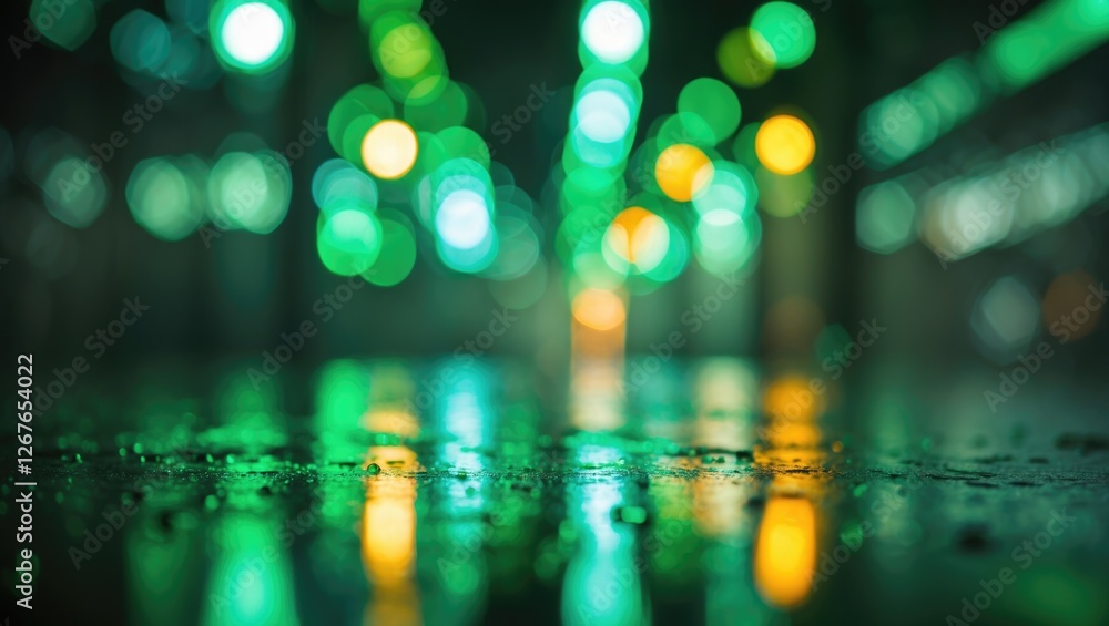 Poster shimmering defocused green and yellow lights creating an abstract, vibrant background with reflectio