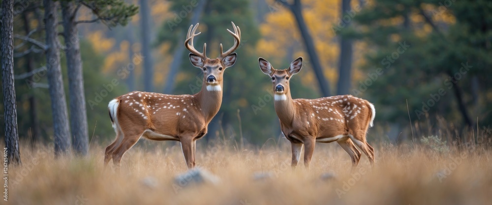 Poster close-up of two young deer standing in a serene national park setting with a blurred forest backgrou