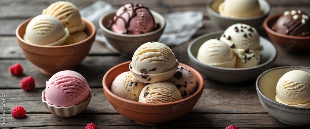 Poster assorted ice cream scoops in rustic bowls on wooden table with fresh raspberries and empty space for