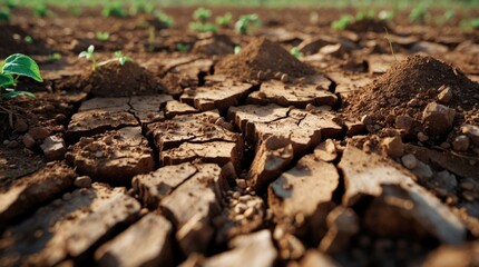 Cracked earth soil with emerging plants showcasing drought conditions and agricultural challenges in crop cultivation.