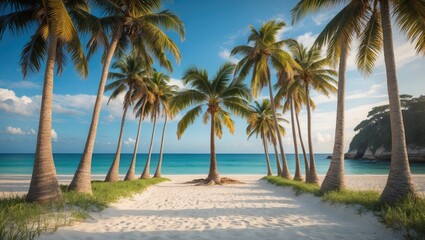 Obraz premium Serene Coastal Paradise Featuring Lush Palm Trees Framing a Tranquil Beach with Crystal Clear Waters and a Unique Cross Palm Tree Centerpiece