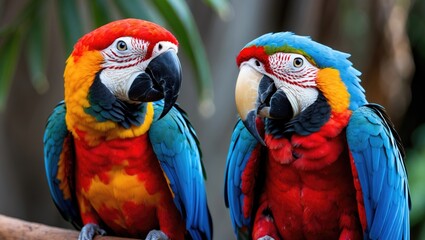 Naklejka premium Vibrant green-winged and scarlet macaws perched together against a blurred background with space for text or branding needs.