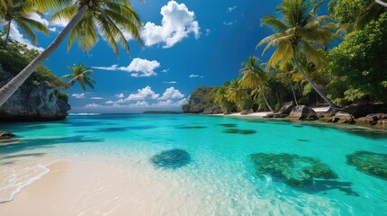 Tropical paradise with crystal clear turquoise water, palm trees, and serene sandy beach under a bright blue sky.