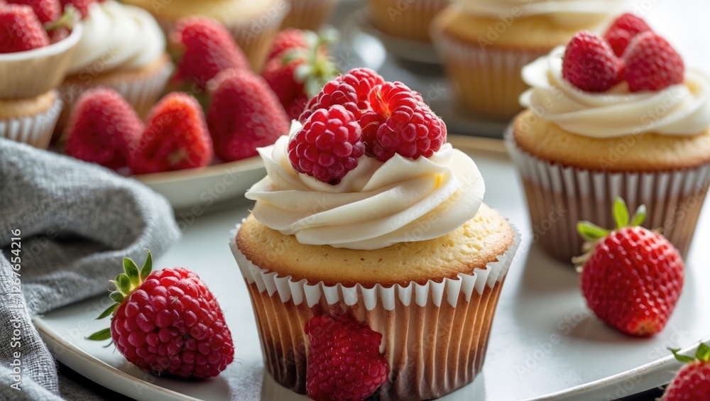 Poster delicious cupcakes topped with fresh raspberries and strawberries on a plate with a soft focus backg