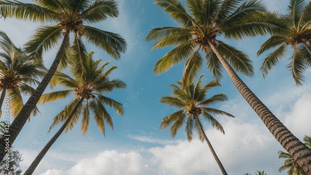 Poster coconut palm trees against a blue sky with soft clouds offering open copy space for text and design 